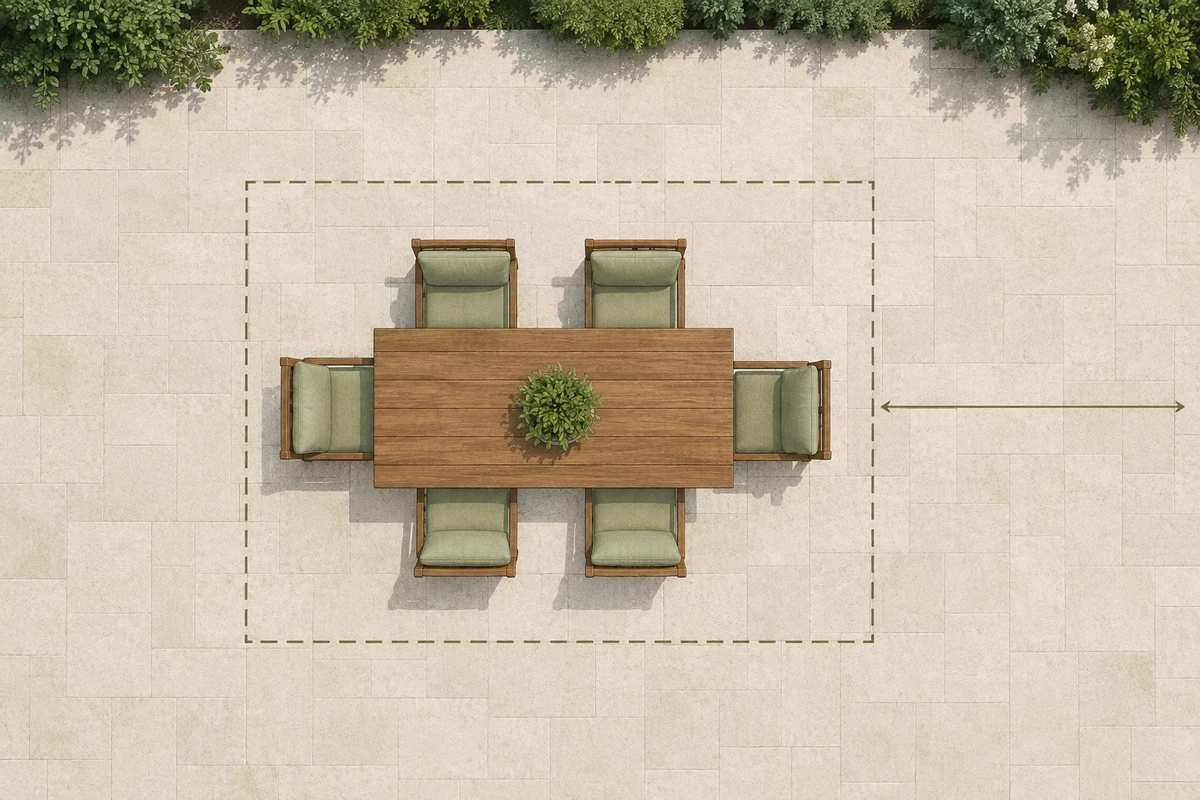 Overhead illustration of a six-seat patio dining area and surrounding open floor
