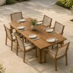 Illustration of a six-seat wooden dining table with open patio space around it