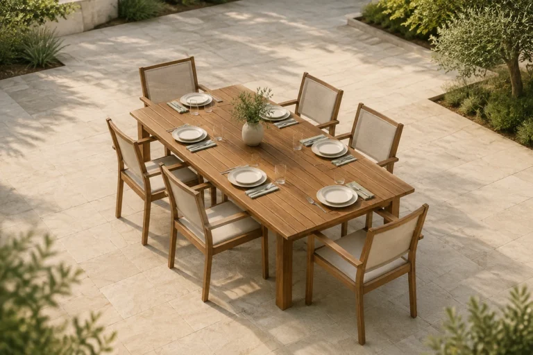 Illustration of a six-seat wooden dining table with open patio space around it