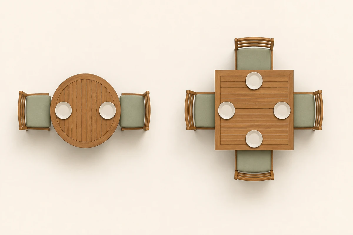 Outdoor table size guide showing round seating for two and square seating for four