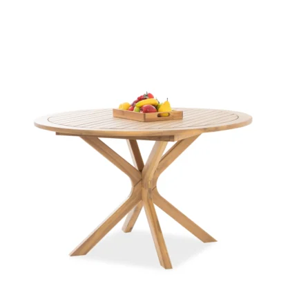 Round acacia wood outdoor dining table with slatted top