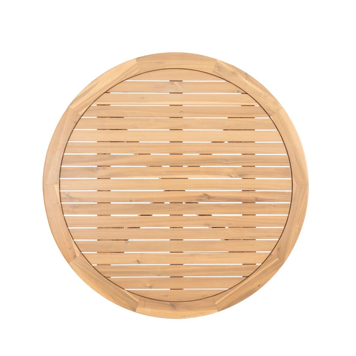 Top view of slatted round acacia wood tabletop