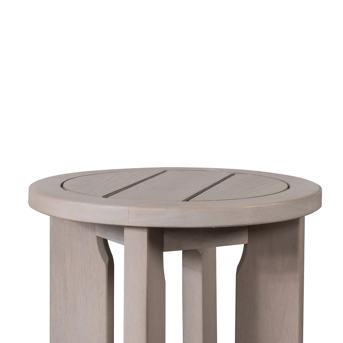 Gray slatted tabletop and rounded edge detail
