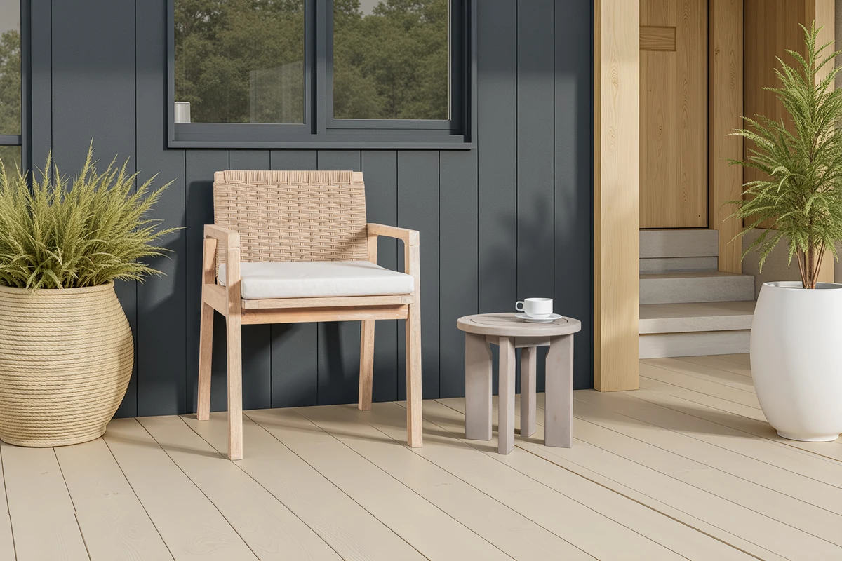 Gray round patio side table beside a patio chair