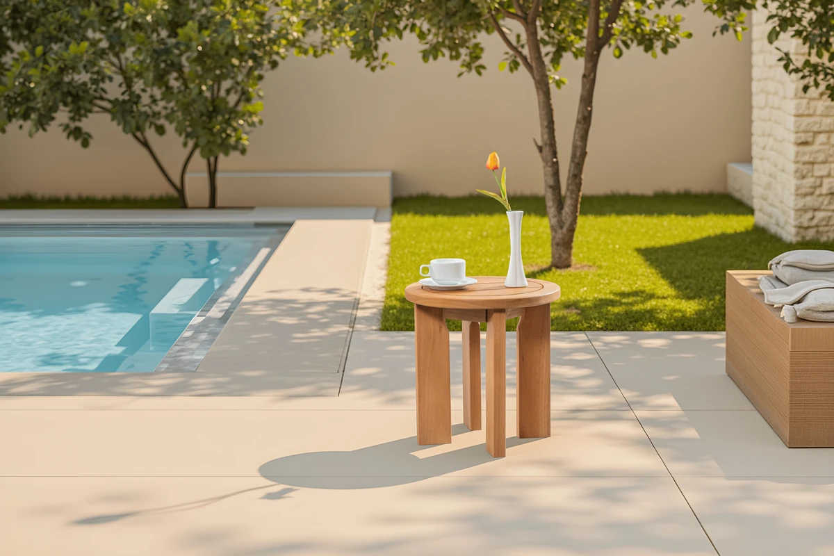 Natural round patio side table in a poolside seating area