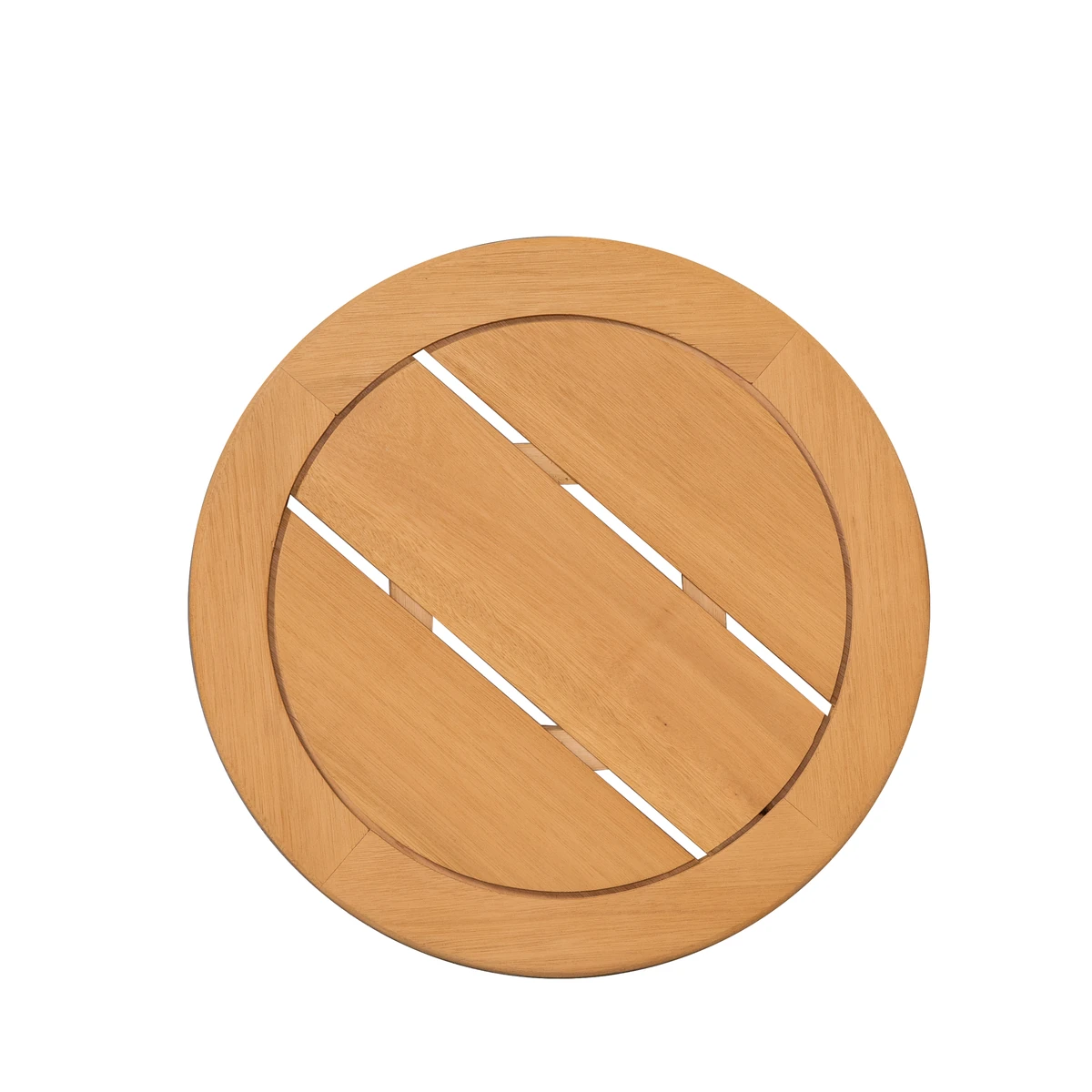 Overhead view of the natural wood slatted tabletop