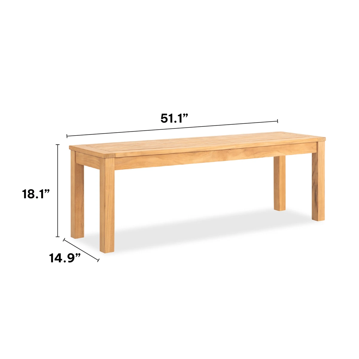Teak outdoor bench measuring 51.1 inches long, 14.9 inches deep and 18.1 inches high