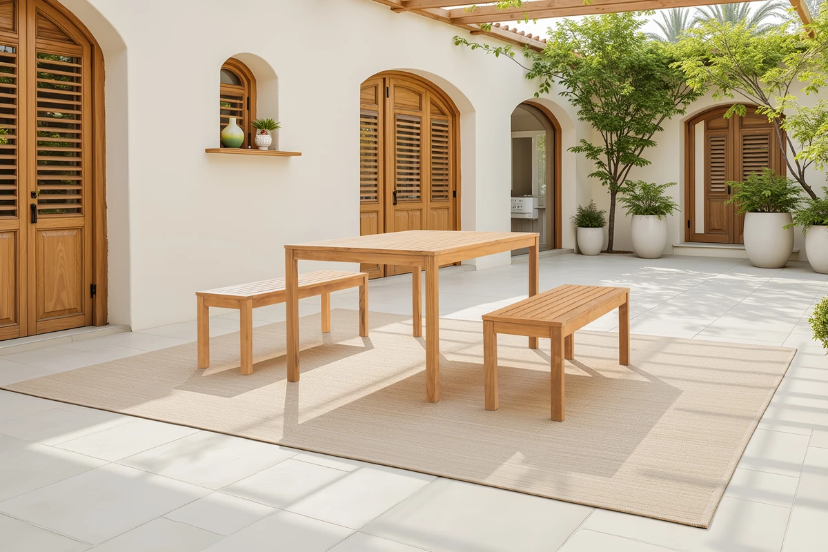 Teak table and benches arranged in an outdoor courtyard