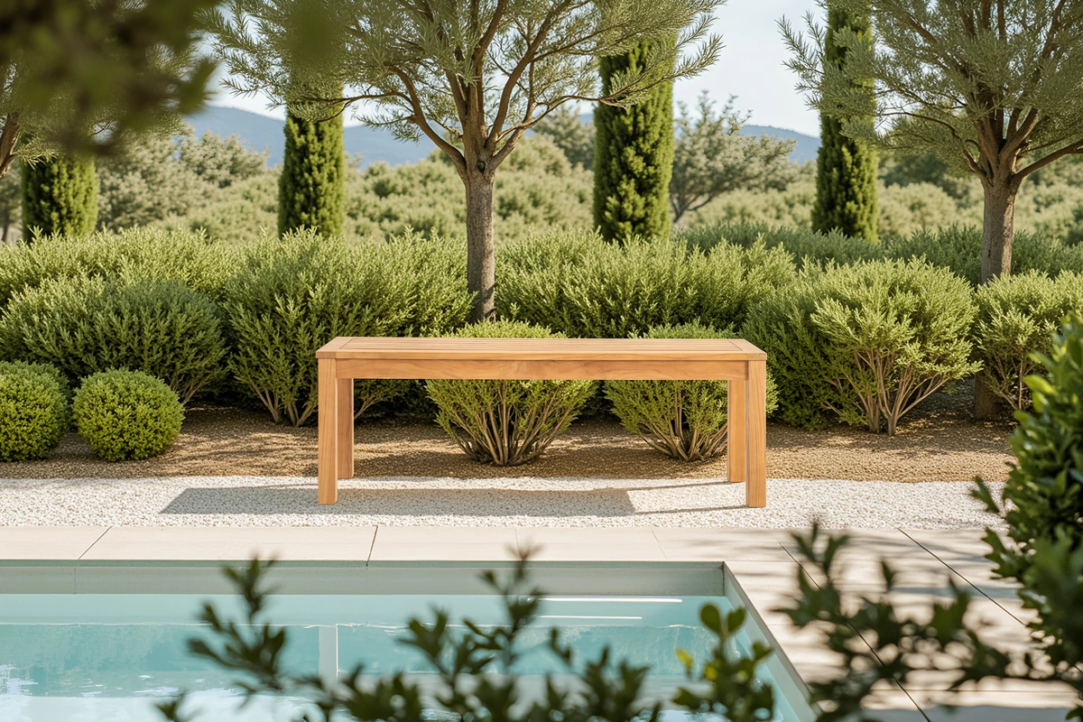 Solid teak backless bench in a landscaped garden beside a pool