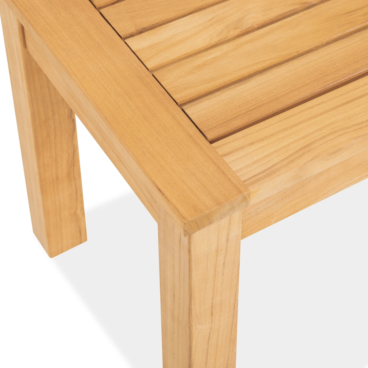 Close-up of the teak bench slatted seat and framed corner