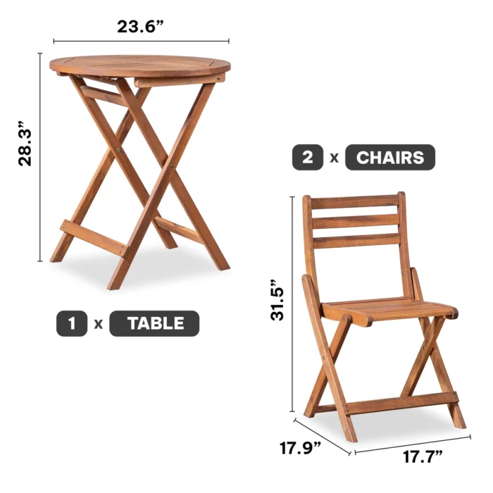 3-Piece Solid Wood Folding Outdoor Bistro Set