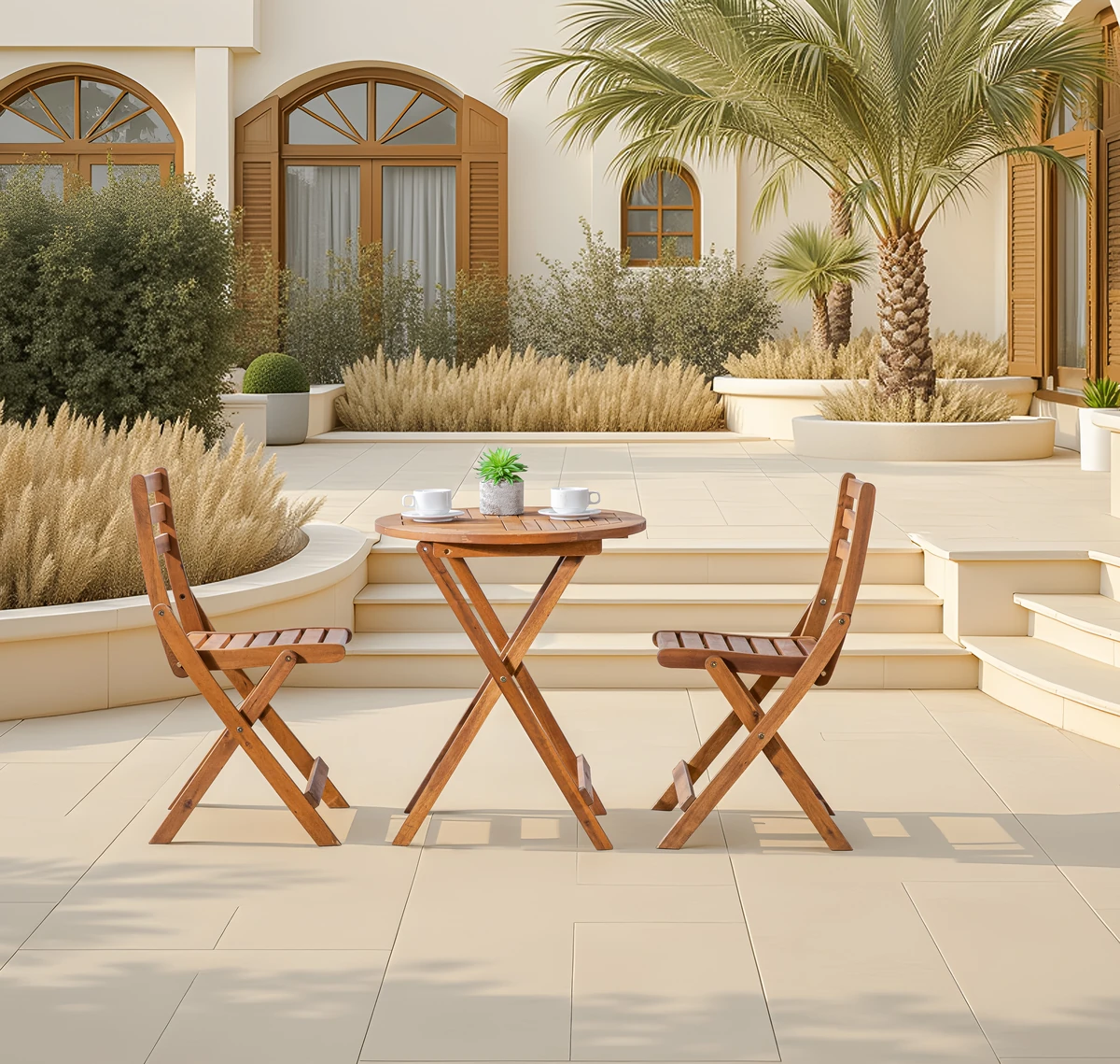 Natural wood folding bistro set on a sunny patio