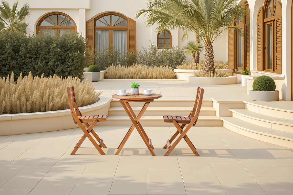 wood patio folding chairs courtyard lifestyle natural