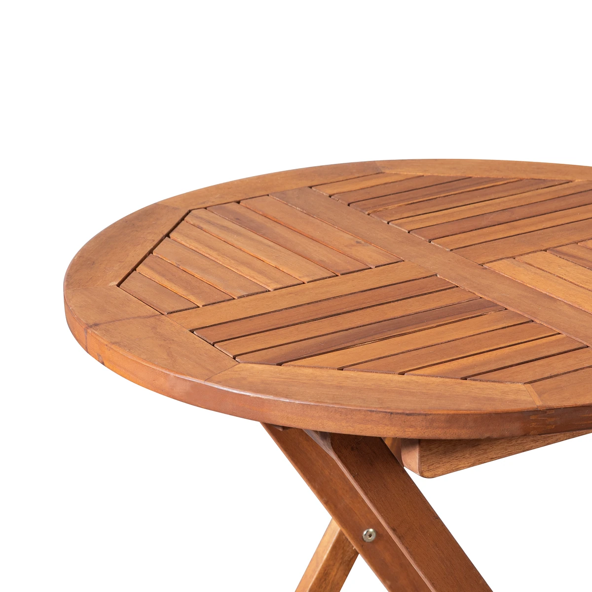 Natural solid acacia wood table with round slatted top