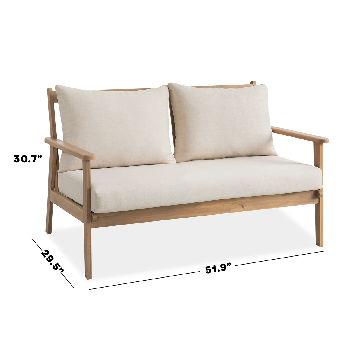 Dimension diagram of the wood patio loveseat showing 51.9 by 29.5 by 30.7 inches