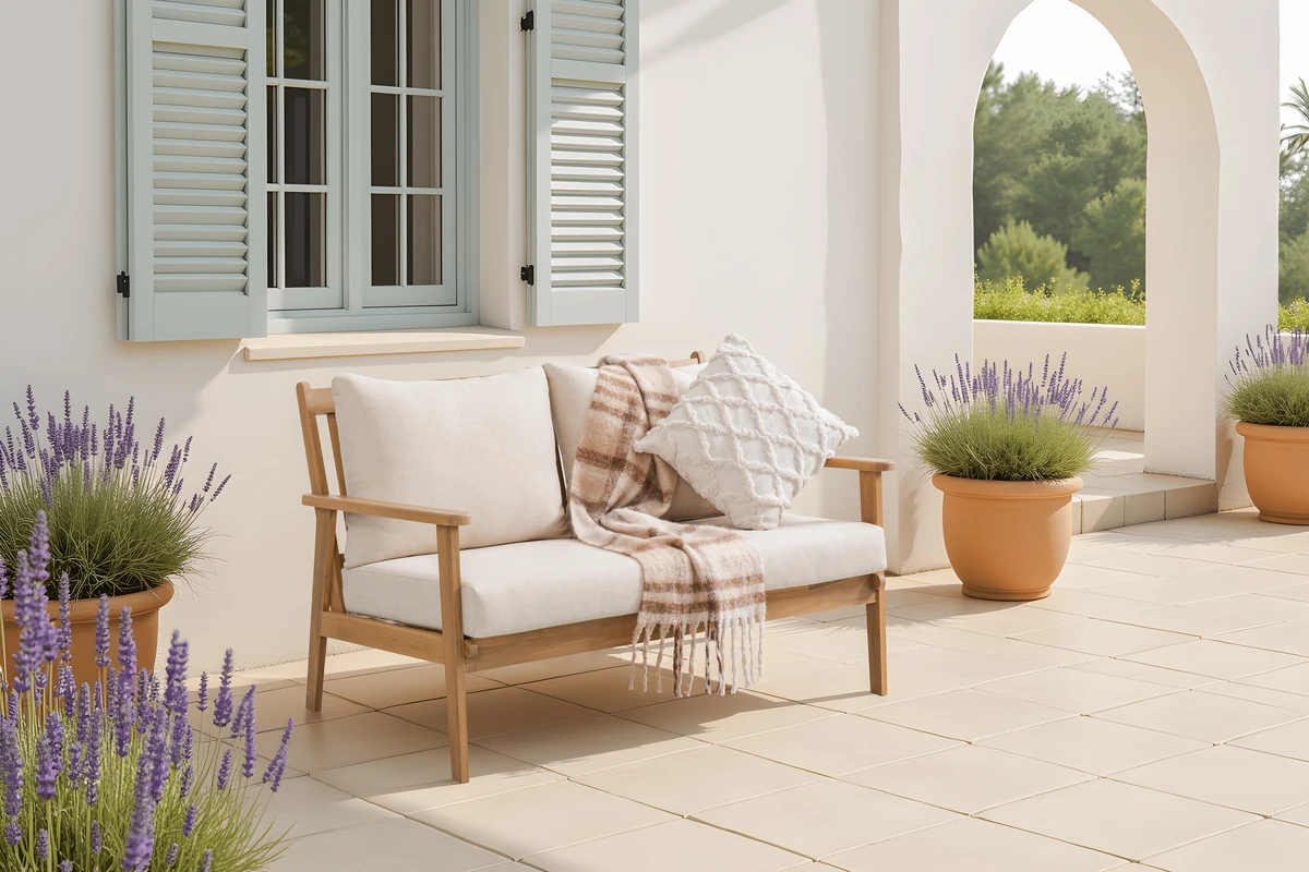 Wood patio loveseat with cream cushions styled on a bright patio