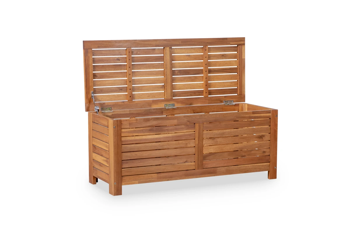 Wood patio storage deck box with the hinged lid open showing the spacious interior