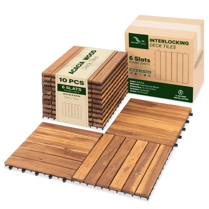 Wooden Deck Tiles Pack of 10 – 6 Slats, Round Joint