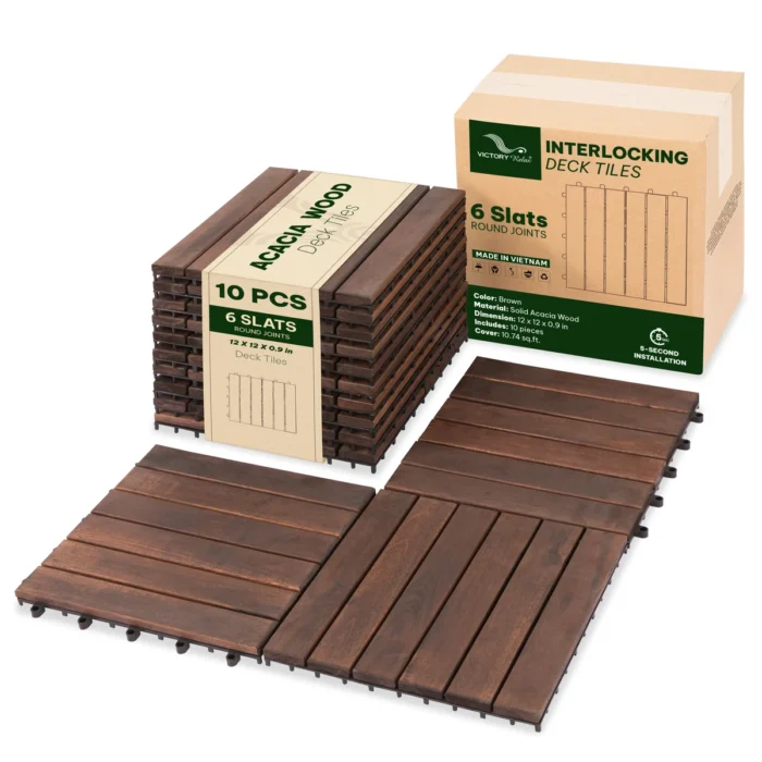 Wooden Deck Tiles Pack of 10 – 6 Slats, Round Joint