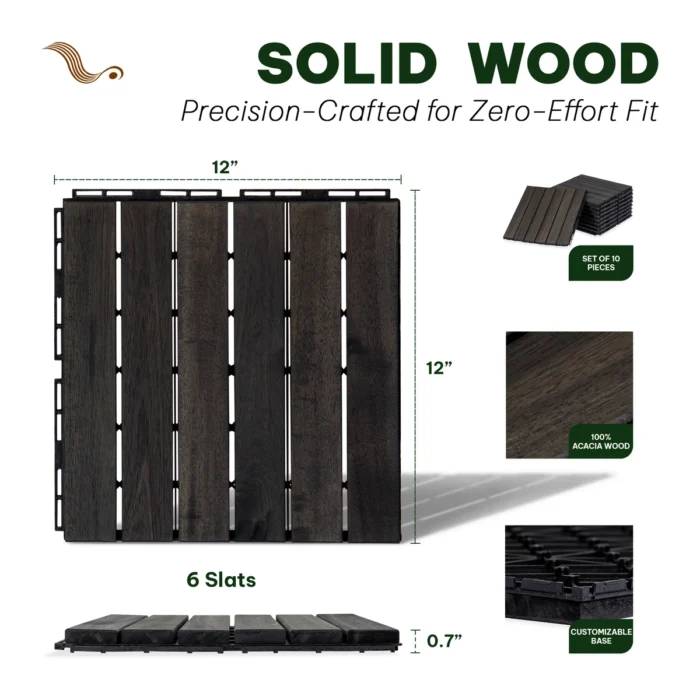Wooden Deck Tiles Pack of 10 – 6 Slats, Square Joint