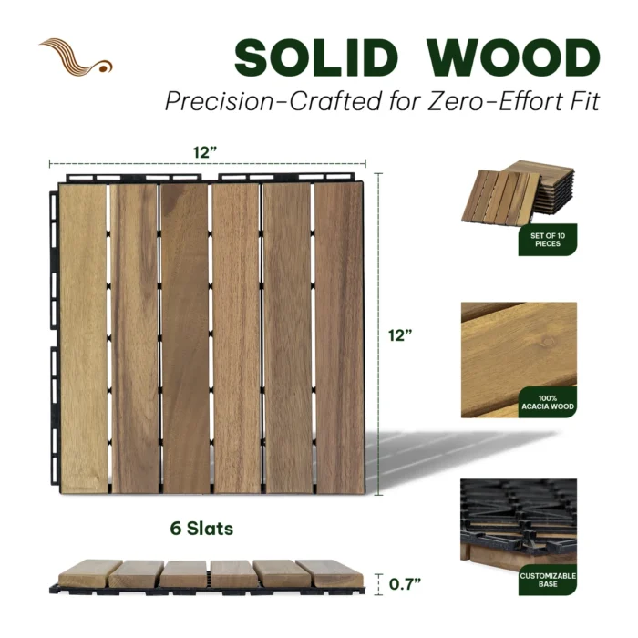 Wooden Deck Tiles Pack of 10 – 6 Slats, Square Joint