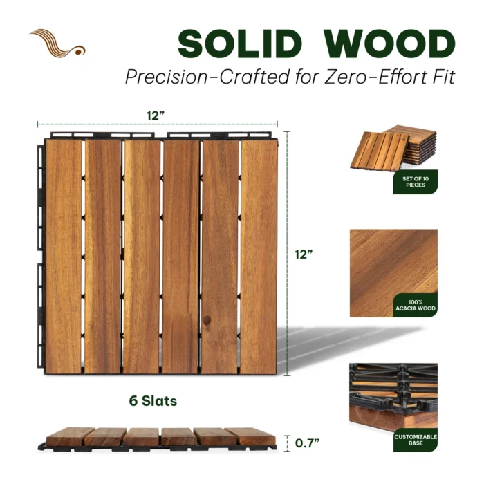 Wooden Deck Tiles Pack of 10 – 6 Slats, Square Joint