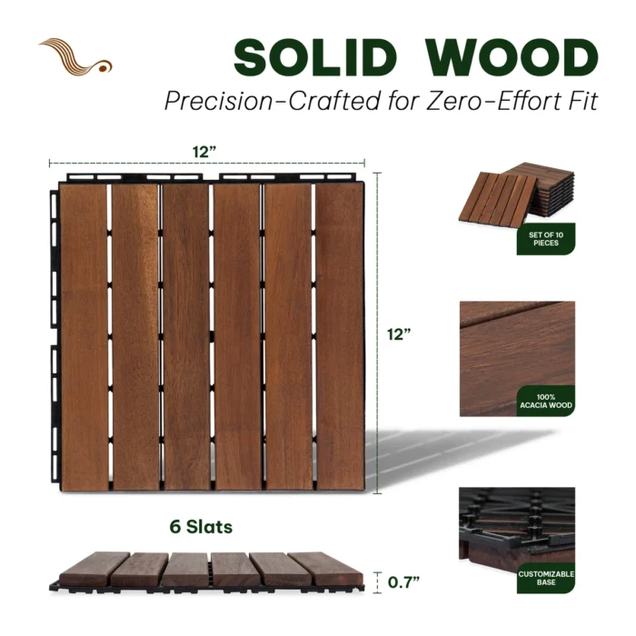 Wooden Deck Tiles Pack of 10 – 6 Slats, Square Joint