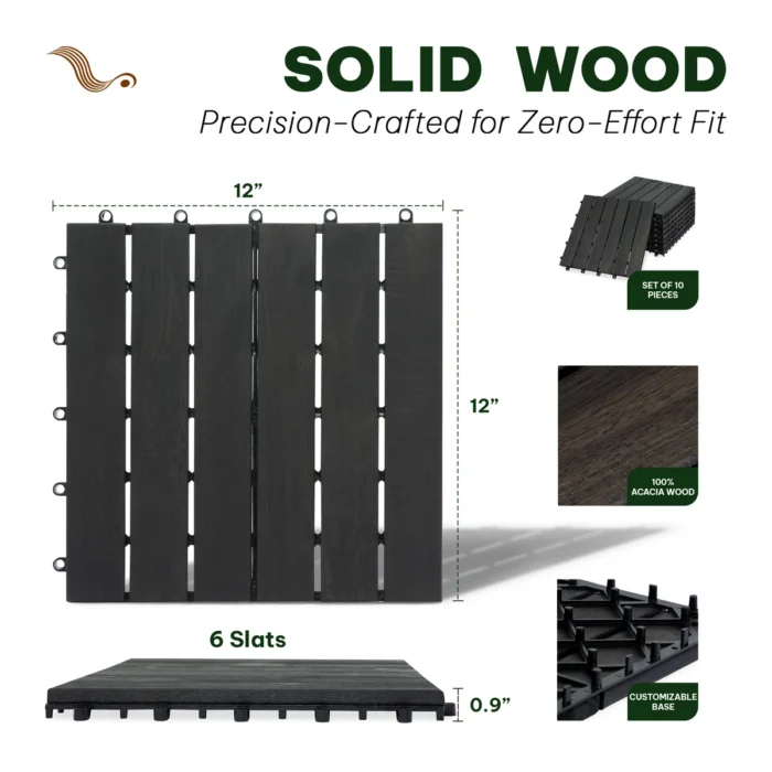 Wooden Deck Tiles Pack of 10 – 6 Slats, Round Joint