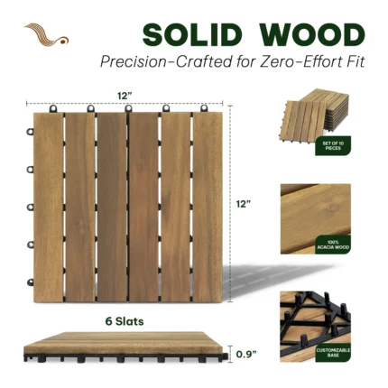 Wooden Deck Tiles Pack of 10 – 6 Slats, Round Joint