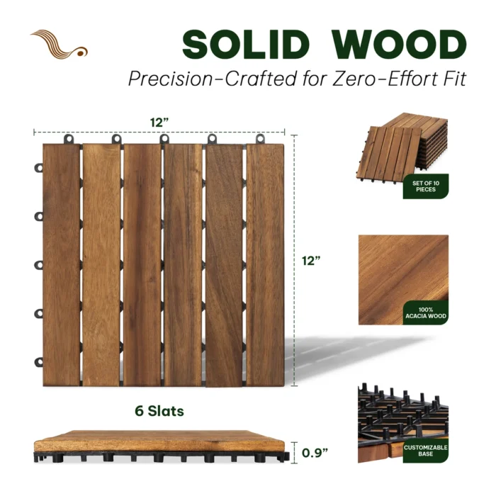 Wooden Deck Tiles Pack of 10 – 6 Slats, Round Joint