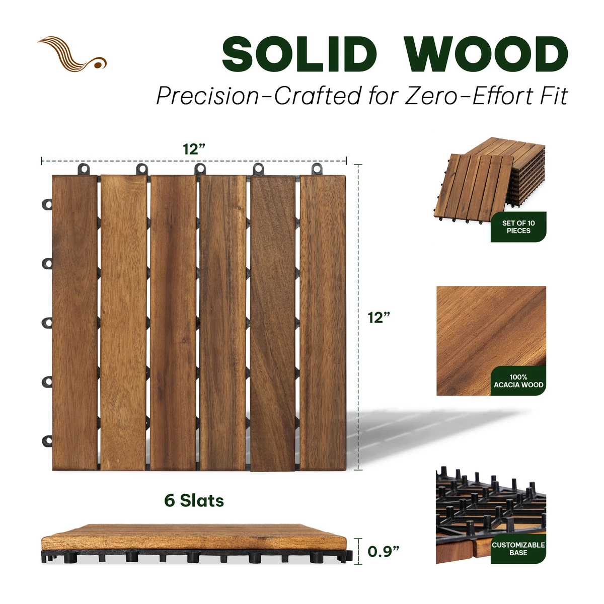 Dimensions of 6 slats round joint wooden deck tiles: 12 × 12 × 0.9 inches