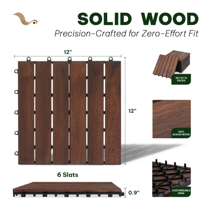 Wooden Deck Tiles Pack of 10 – 6 Slats, Round Joint