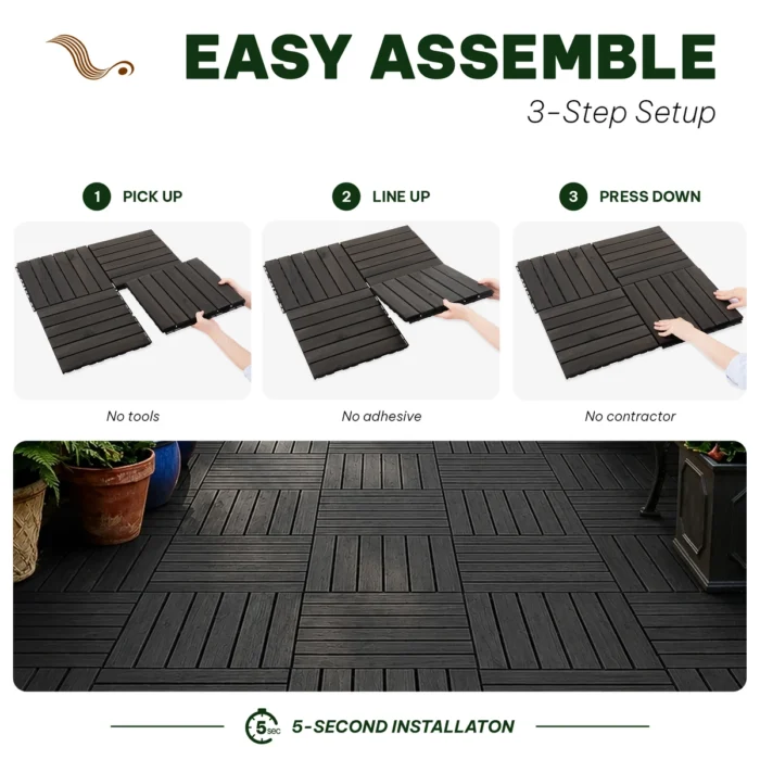 Wooden Deck Tiles Pack of 10 – 6 Slats, Square Joint