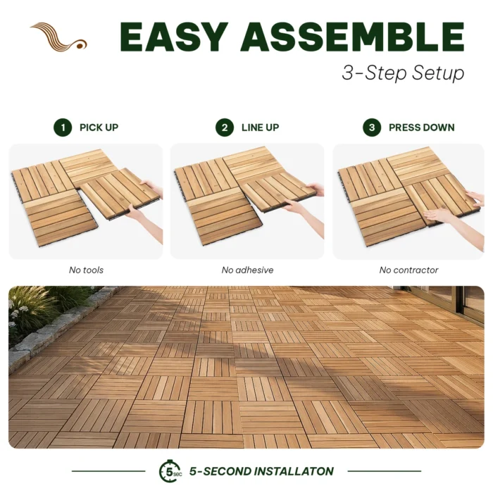 Wooden Deck Tiles Pack of 10 – 6 Slats, Square Joint