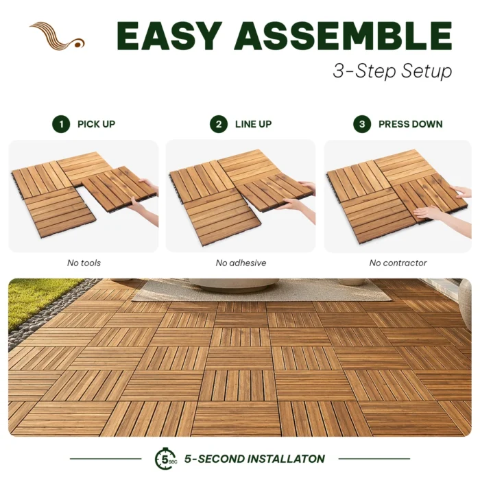 Wooden Deck Tiles Pack of 10 – 6 Slats, Square Joint