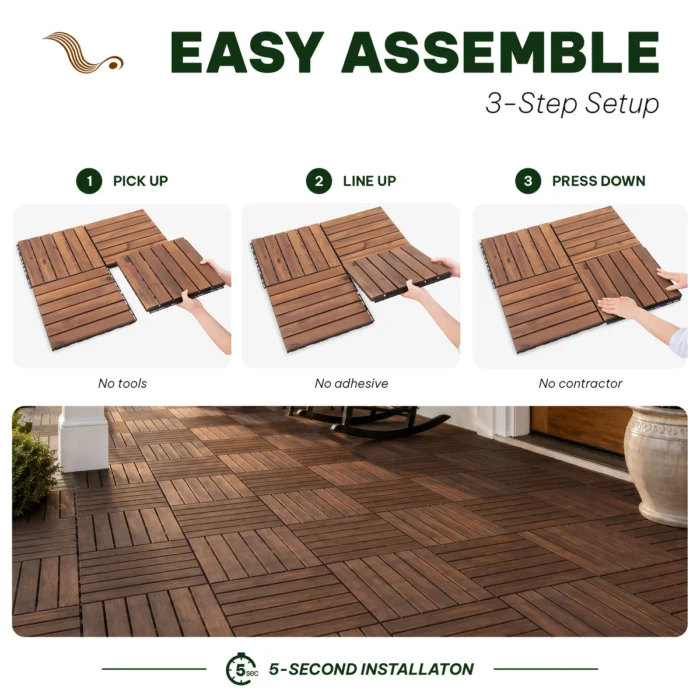 Wooden Deck Tiles Pack of 10 – 6 Slats, Square Joint