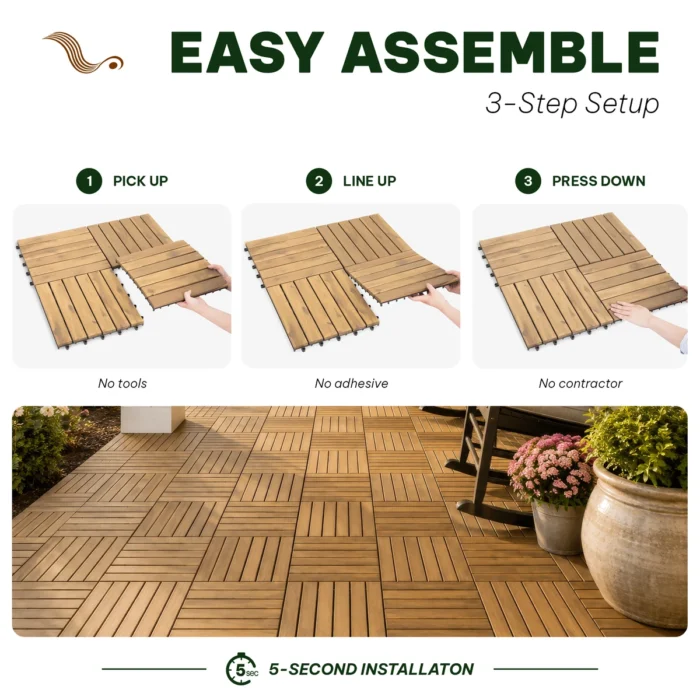 Wooden Deck Tiles Pack of 10 – 6 Slats, Round Joint