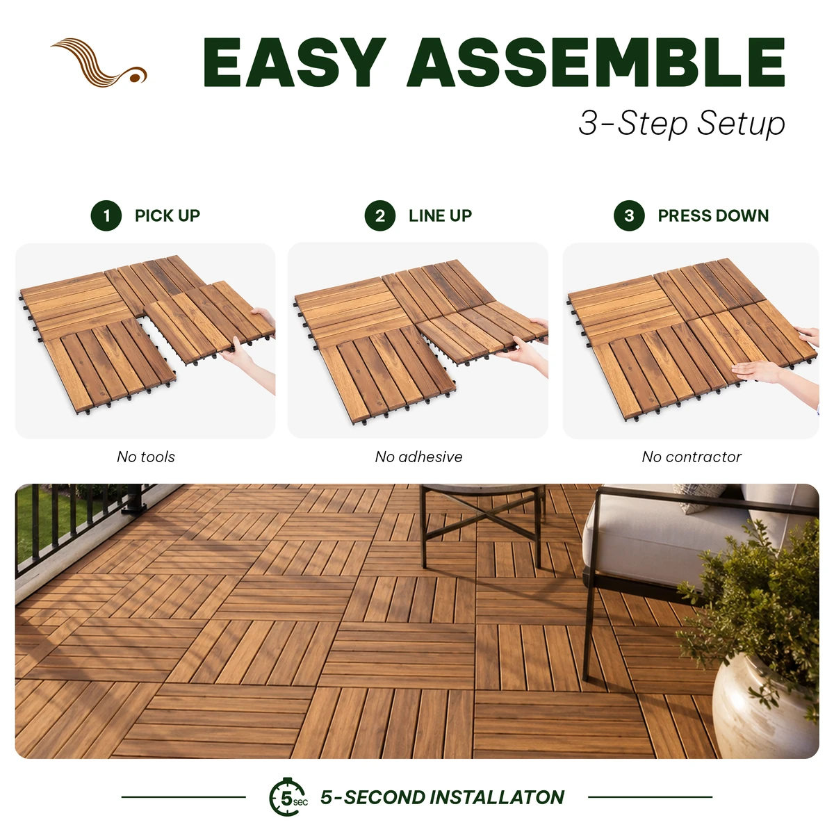 Connecting the plastic bases of 6 slats round joint wooden deck tiles