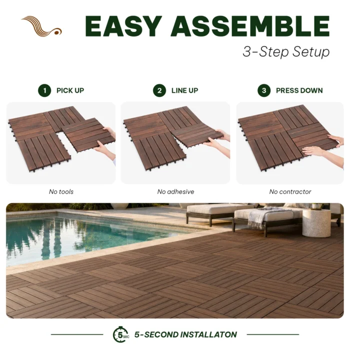 Wooden Deck Tiles Pack of 10 – 6 Slats, Round Joint