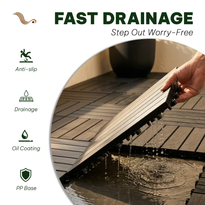 Wooden Deck Tiles Pack of 10 – 6 Slats, Round Joint