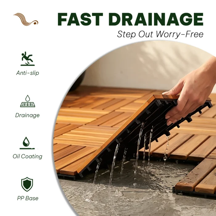Wooden Deck Tiles Pack of 10 – 6 Slats, Round Joint