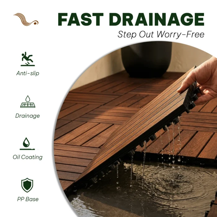 Wooden Deck Tiles Pack of 10 – 6 Slats, Round Joint