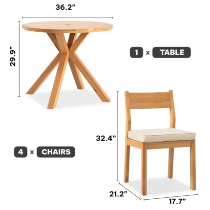 5-Piece Eucalyptus Wood Patio Dining Set with Cushioned Chairs