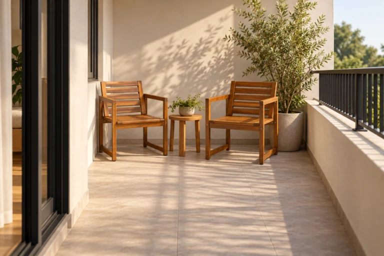 Best outdoor chairs for small patio inspiration with two acacia armchairs and a clear route on a compact balcony.