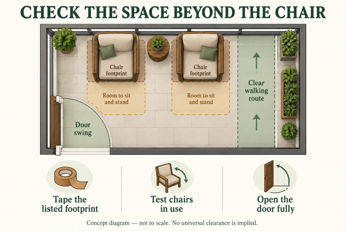 Best outdoor chairs for small patio planning diagram distinguishing chair footprint, sitting movement, door swing and walking route.