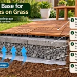 Deck tiles on grass foundation diagram showing wood tiles, rigid pavers, compacted crushed stone, geotextile fabric, and soil