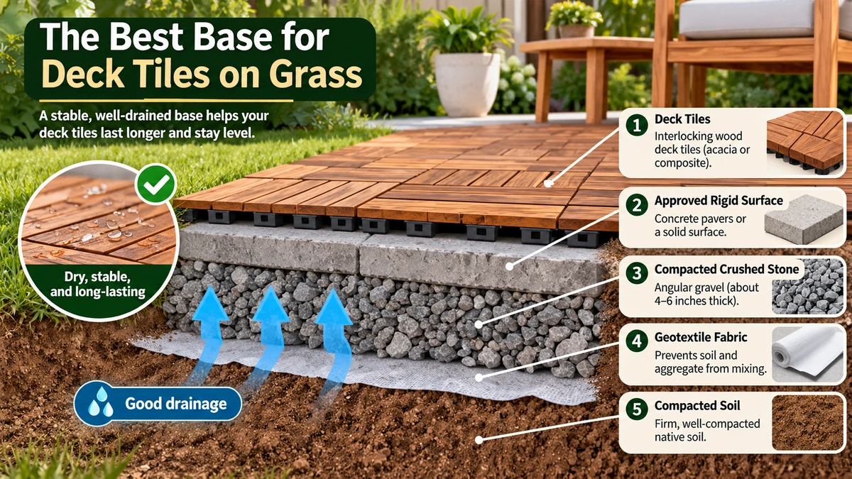 Deck tiles on grass foundation diagram showing wood tiles, rigid pavers, compacted crushed stone, geotextile fabric, and soil