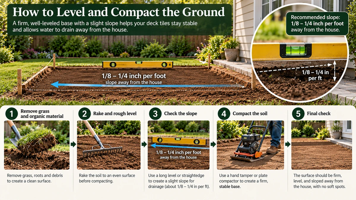 Ground preparation for deck tiles on grass showing soil leveling, compaction, and drainage slope away from the house