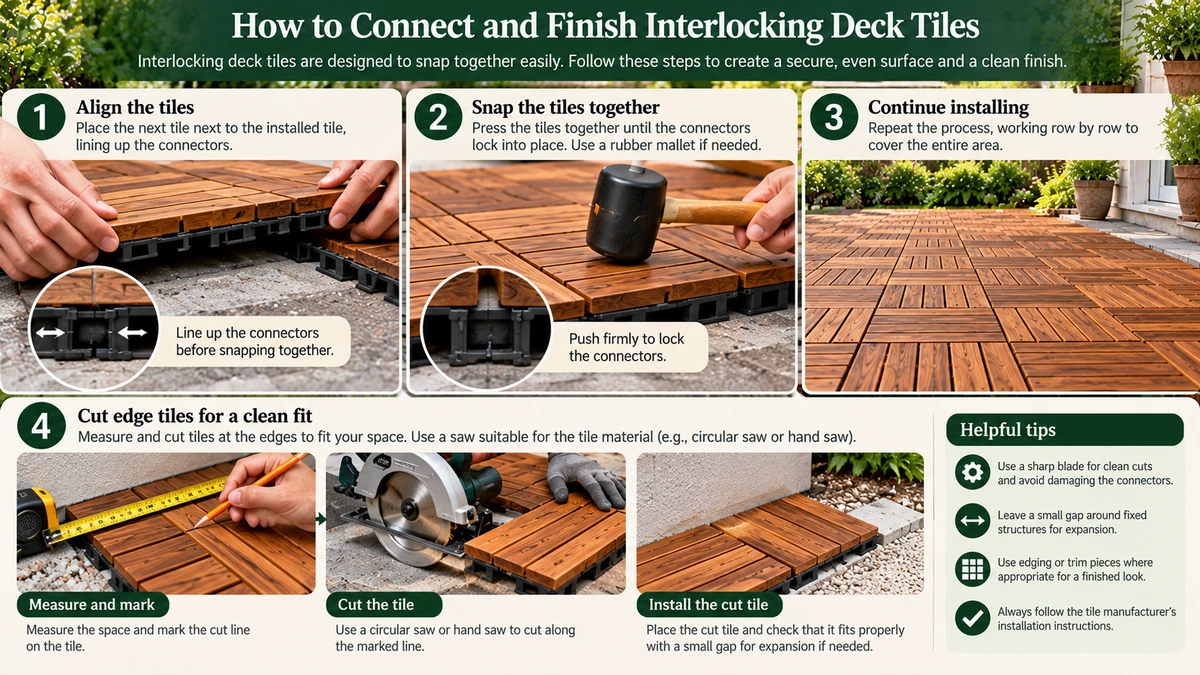 Step-by-step interlocking deck tiles installation showing how to align connectors, snap wood tiles together, and cut edge tiles to fit