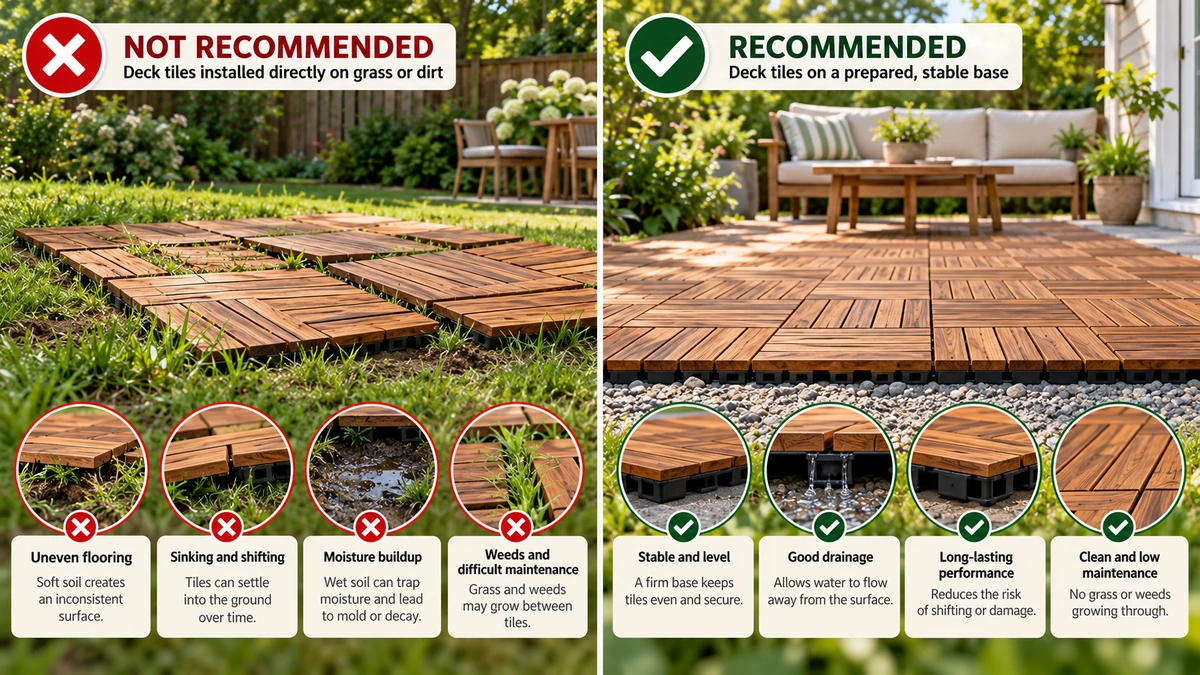 Deck tiles on grass comparison showing improper installation on grass versus a stable, prepared patio base